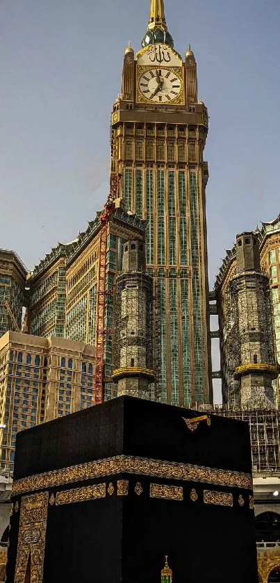 Mecca Clock Tower and Kaaba under a clear sky.