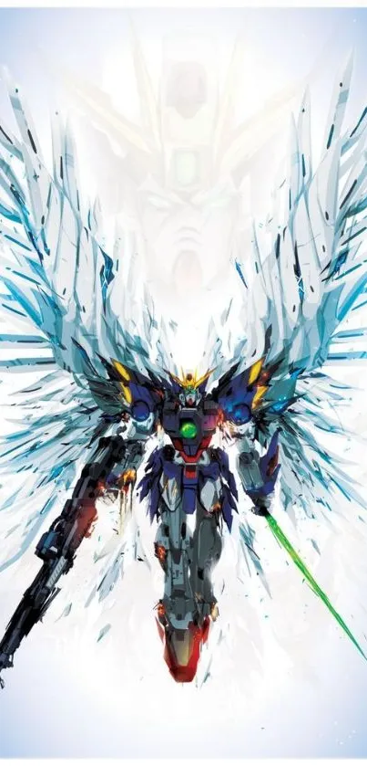 A majestic mech with wings in a vibrant digital artwork.