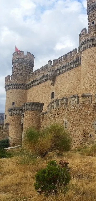 Majestic stone castle with towers and scenic backdrop.