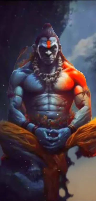 Meditative warrior artwork in blue and orange hues.