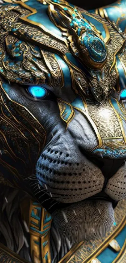 A majestic tiger with metallic blue and gold armor, glowing blue eyes, in digital fantasy art.