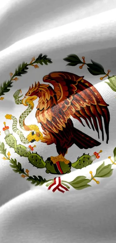 Mexican flag wallpaper with eagle and snake emblem waving.