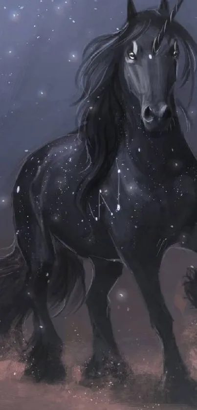 Illustration of a majestic black horse under a starlit night sky.