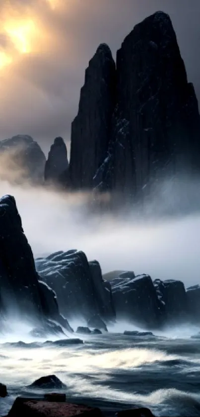 Misty mountain landscape with dramatic sky and foggy cliffs.