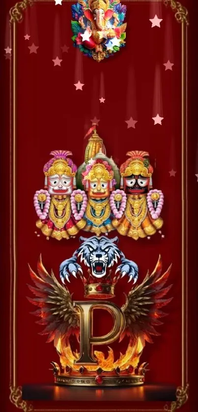 Intricate, vibrant phone wallpaper with deity and regal symbols in rich maroon.