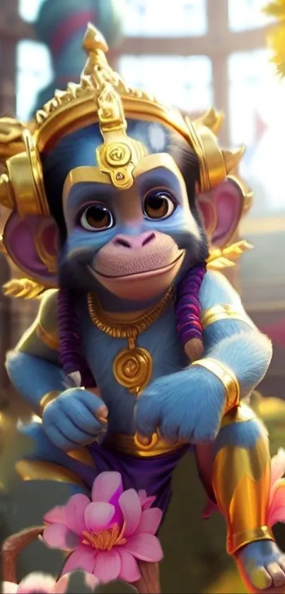 Cute monkey in golden attire with a vibrant background.