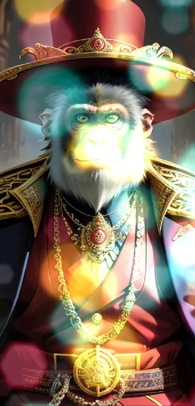 Regal monkey in crimson attire with ornate gold details.