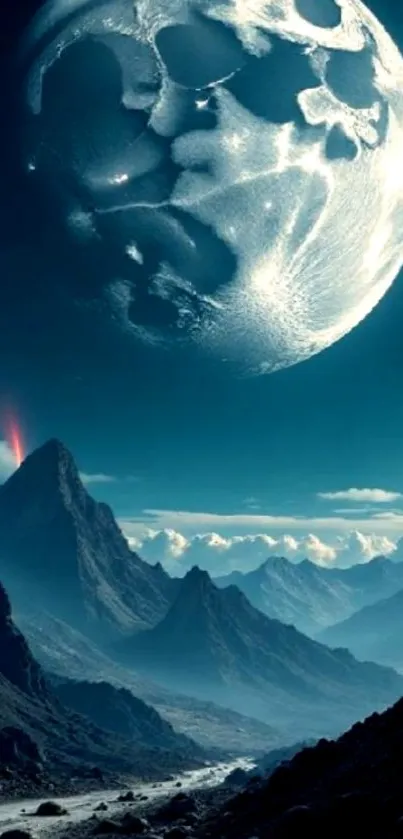 Majestic moon over mountains at night.