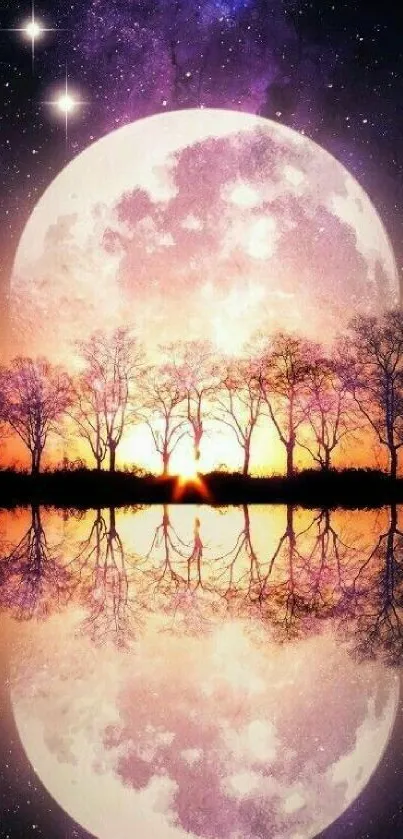 Artistic moon reflection with silhouetted trees and vibrant colors in the night sky.