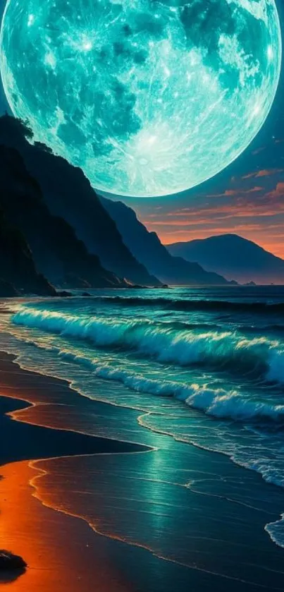 Moonlit beach scene with teal ocean and sky.