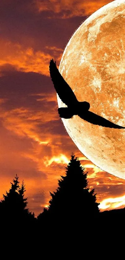 Moonlit forest silhouette against fiery sky with bird flying across.