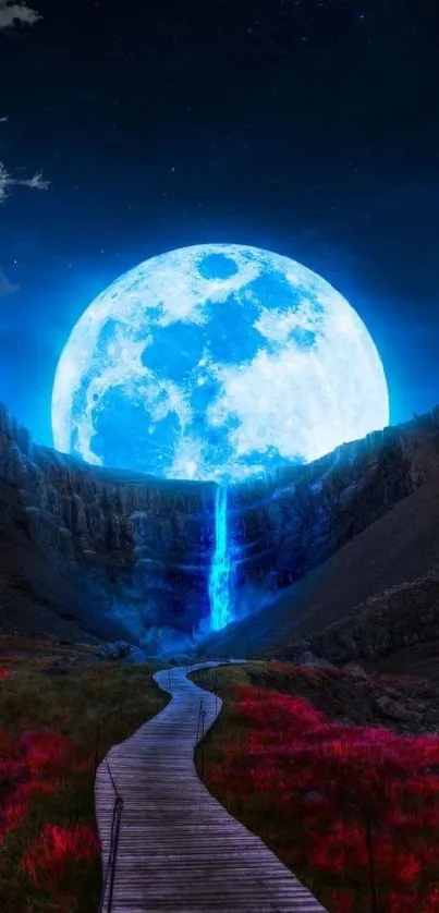 A luminous blue moon above a waterfall and wooden path in a scenic, red-tinted landscape.