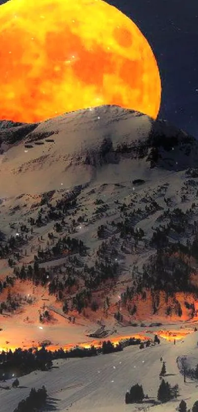 Orange moon rising over snow-covered mountains at night.