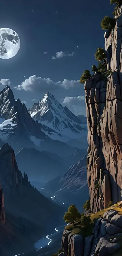 Moonlit mountain landscape with cliffs and river.