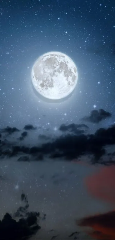 Majestic night sky with full moon and stars against deep blue backdrop.