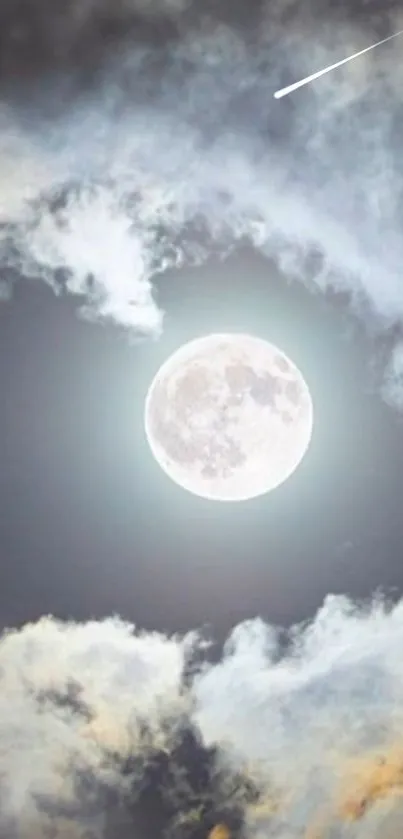 Moonlit sky with clouds and a shooting star.