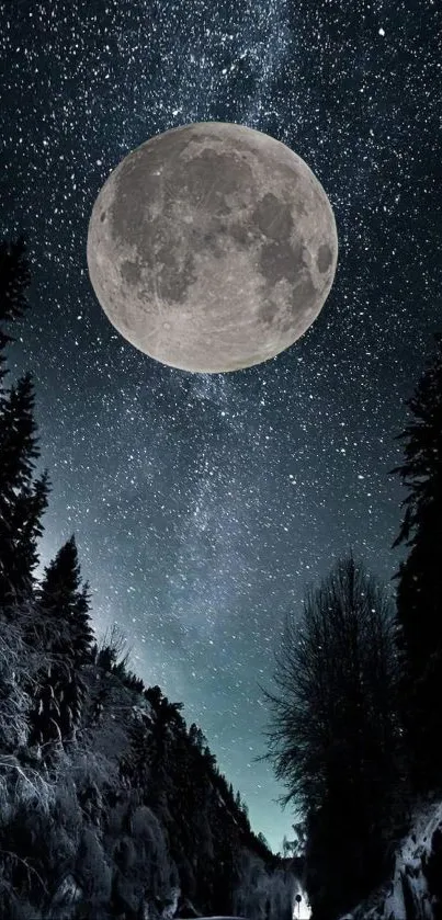 Majestic full moon with stars over a snowy forest path.