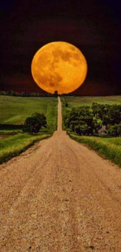 A scenic road leading to a glowing full moon in a countryside night setting.