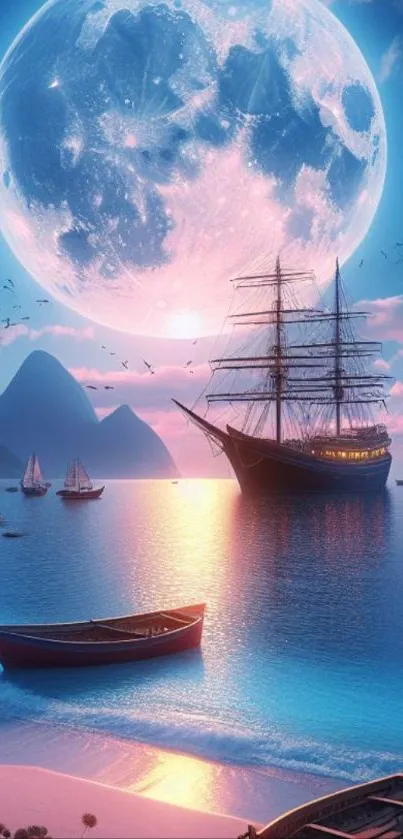 Majestic ship sails under a vibrant moonlit sky.