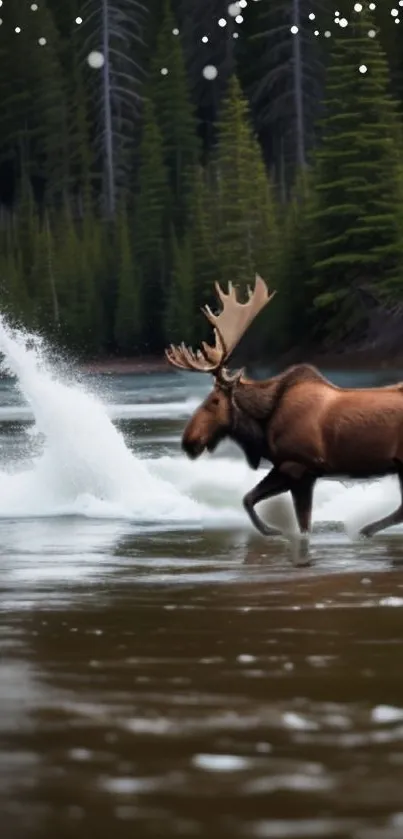 Mobile wallpaper featuring a moose by a tranquil river with a forest backdrop.