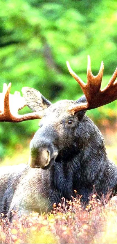 Majestic moose resting in a serene green forest setting.