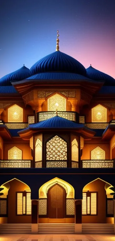 Majestic mosque with glowing lights under a blue and pink dusk sky.