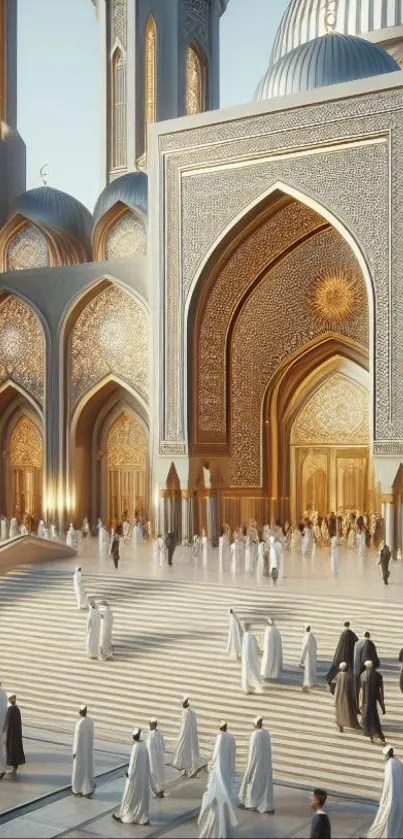 Majestic mosque entrance with golden arches.