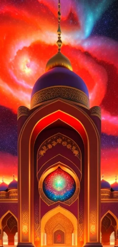 Majestic mosque under swirling galaxy art in vibrant colors.