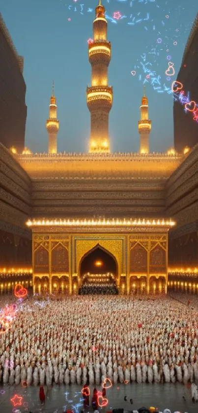 Majestic mosque with worshippers in serene prayer illuminated by golden light.