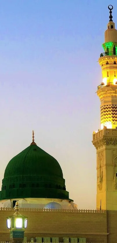 Mobile wallpaper featuring a mosque skyline illuminated at dusk with a clear sky.