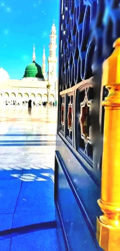 Stunning view of mosque with golden handle and intricate design.