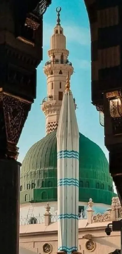 Majestic mosque dome view under a clear blue sky.