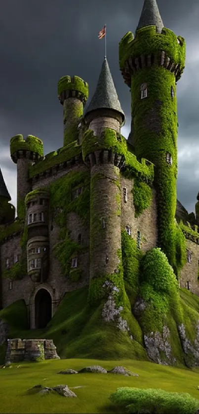 Moss-covered castle with lush green landscape and dramatic skies.