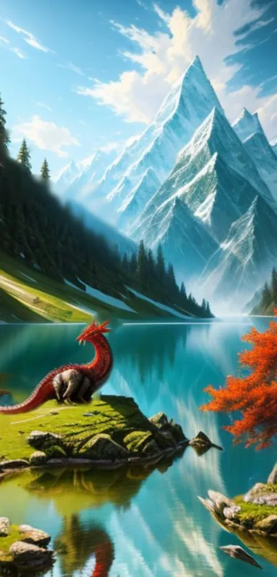 Fantasy dragon by a tranquil lake beneath majestic mountains.