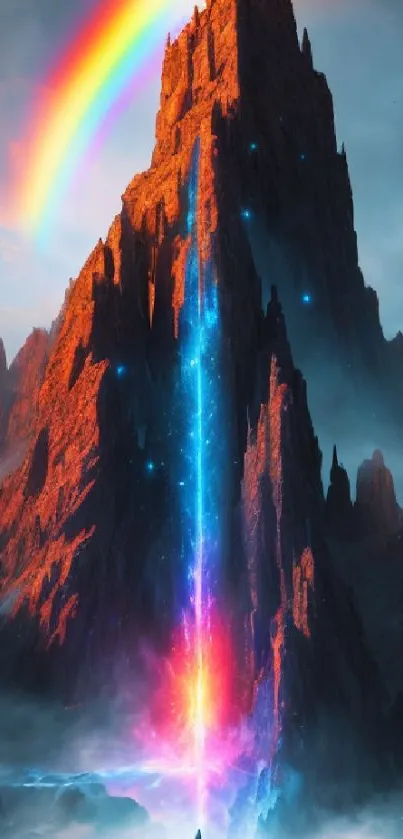Majestic mountain with rainbow and mystical aura wallpaper.