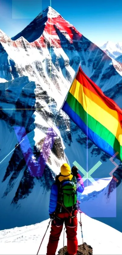 Person holding rainbow flag on snowy mountain peak.