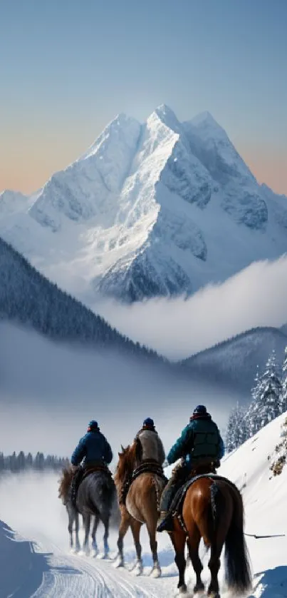 Horseback riders on a snowy mountain path with majestic peaks in the background.