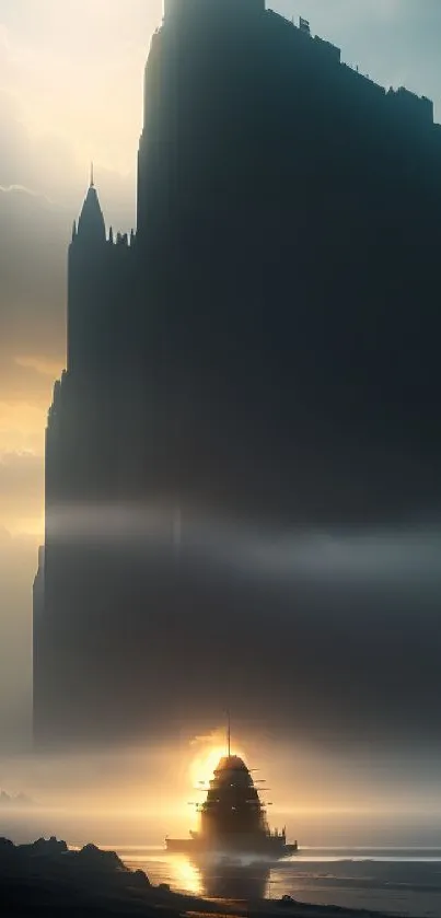 Majestic mountain silhouette with a boat at sunset.