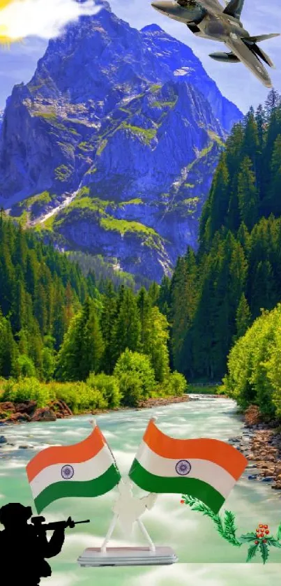 Majestic mountain scene with Indian flags and fighter jet.