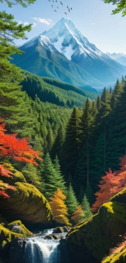 Majestic mountain with lush green forest and autumn leaves.