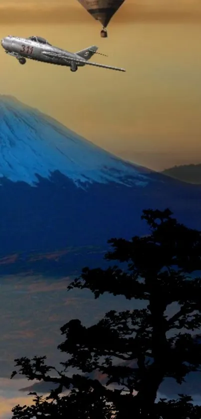 Jet flying over a majestic mountain at sunset.