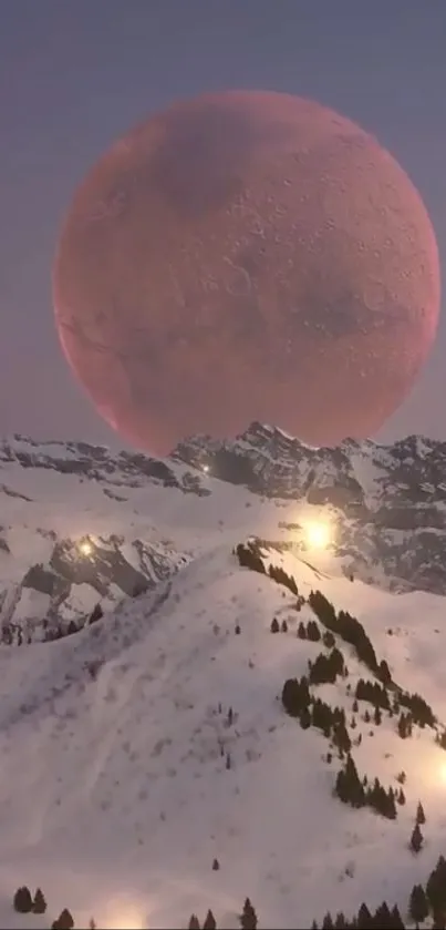 Pink moon rising over snowy mountains at dusk.