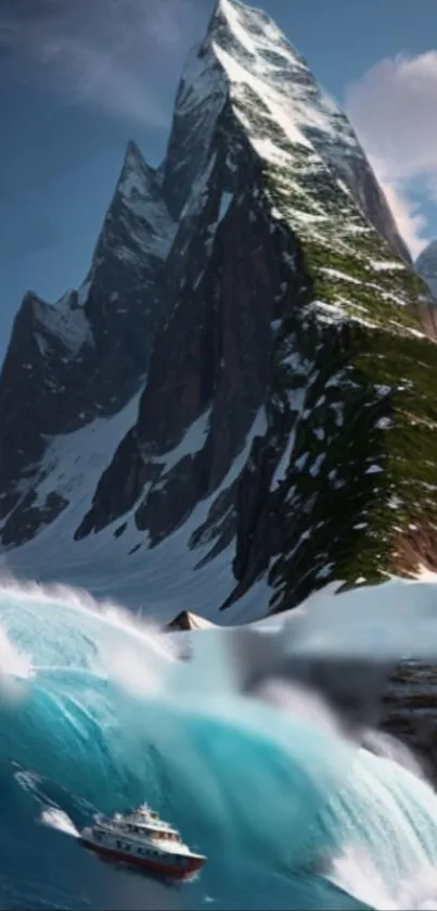 Snow-capped mountain towering over ocean waves with a small boat.