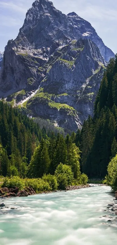 Majestic mountain with serene river flowing below, surrounded by lush greenery.