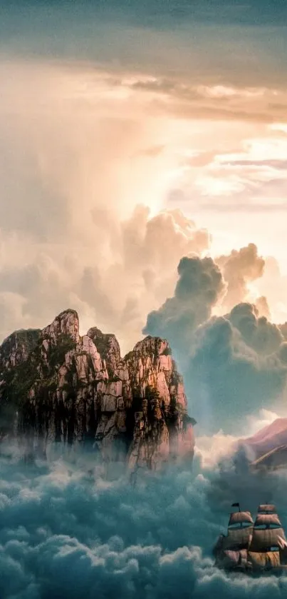 Mountain and ship with dramatic clouds wallpaper.