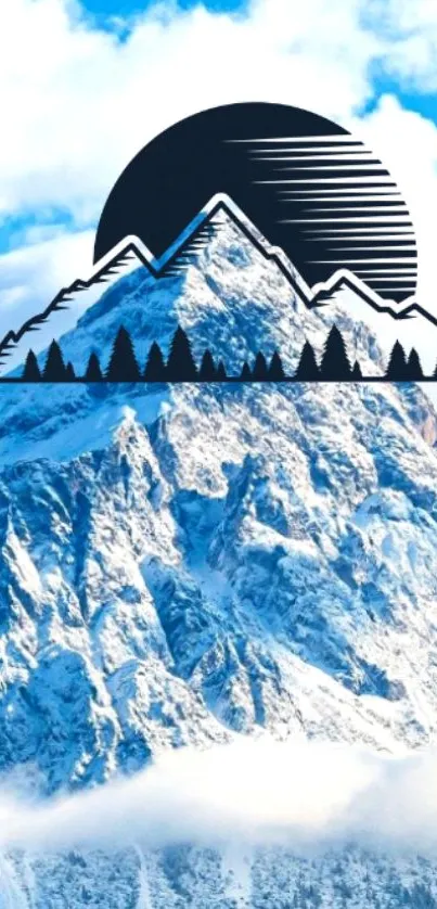 Stylized mountain with sun art in blue tones.