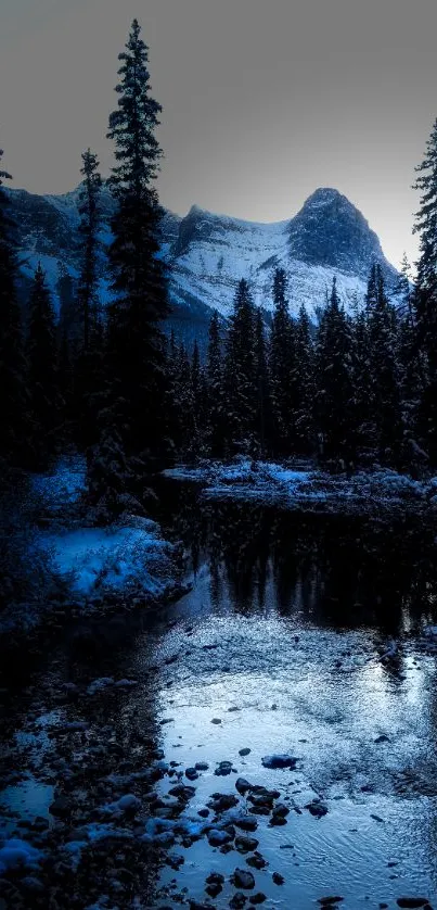 Twilight mountain scene with pines and a river reflecting the evening sky.