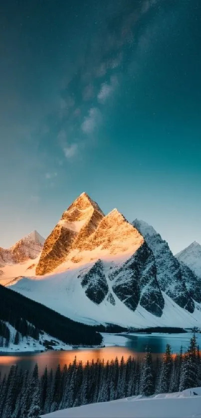 Mountain at twilight with snowy peaks and a starry sky.