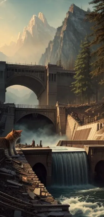 A cat sits near waterfalls amidst mountain landscape and bridges.