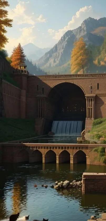 Brick bridge and waterfall in an autumn mountain landscape.